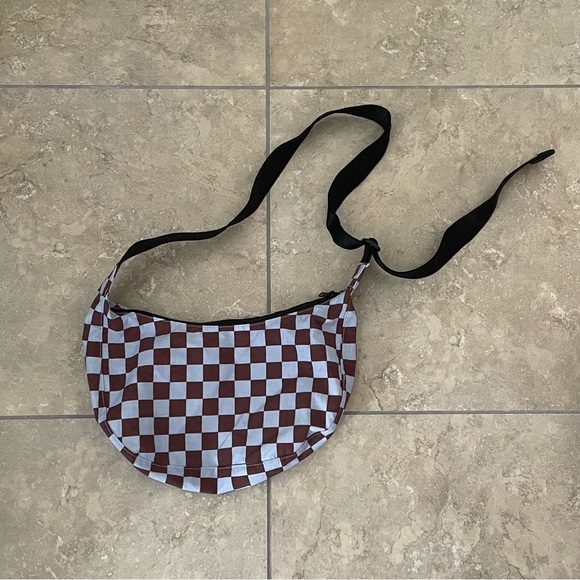 (NWOT) BAGGU Medium Nylon Crescent Bag - Brown and Blue Check - Picture 3 of 5